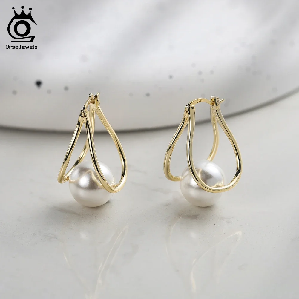 ORSA جواهر أنيقة شل اللؤلؤ هوب أقراط للنساء S925 الفضة 12 مللي متر الخام أقراط اللؤلؤ الطبيعي مجوهرات يومية هدية PSE06 #4