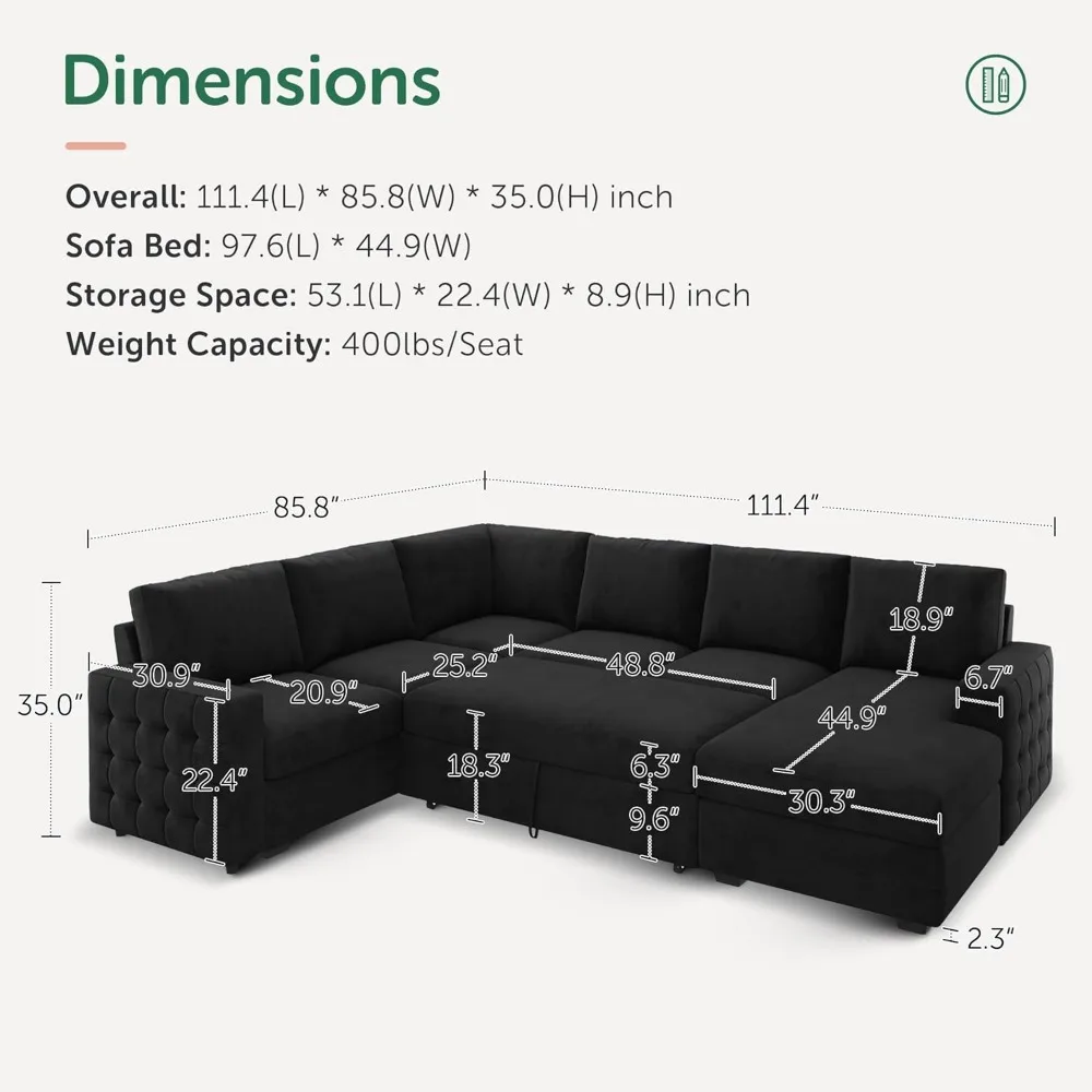 Sectional Sleeper Sofa Pull Out Bed with Storage Chaise, Velvet Sleeper Sectional Couch Pull-Out Bed U Shaped Sectional Couch