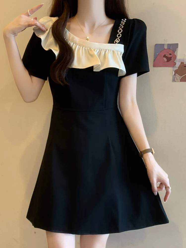

plus Size Black Short Sleeve Dress Women's Summer Waist Cinching Slimming Retro Skirt Plump MM Lace Trim Splice Dress