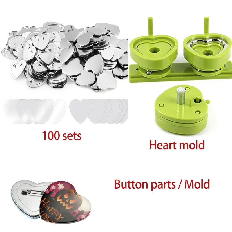 

Heart Shape Button Maker Mold 100 Set Button Parts For Pin Badge Press Maker Slide Rail Machine DIY Making 57*53mm Birthday