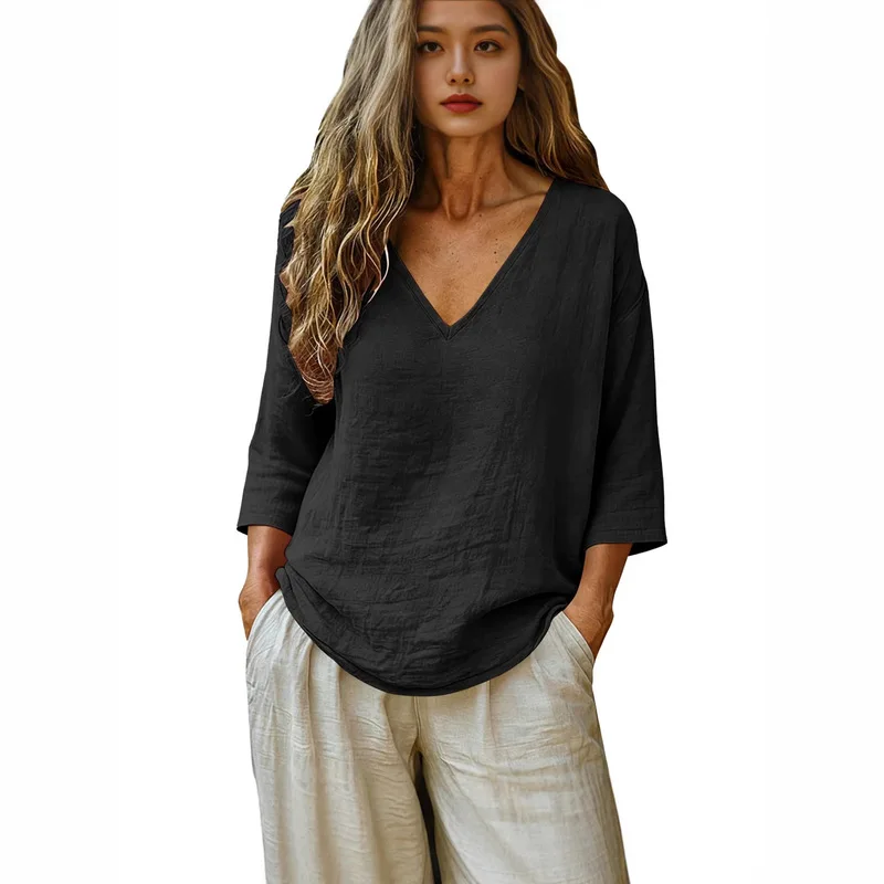 Women V Neck Seven Quarter Sleeve T Shirts Casual Loose Fit Slimming Tops Daily Wear Versatile Comfortable Blouses For Spring Su view 5