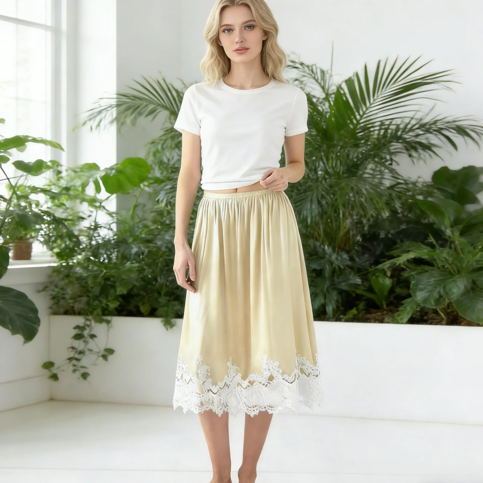 Women Satin Midi Skirt Elastic High Waist Lace Trim Elegant Flowy A-Line Half Skirts for Casual Office Daily Wear