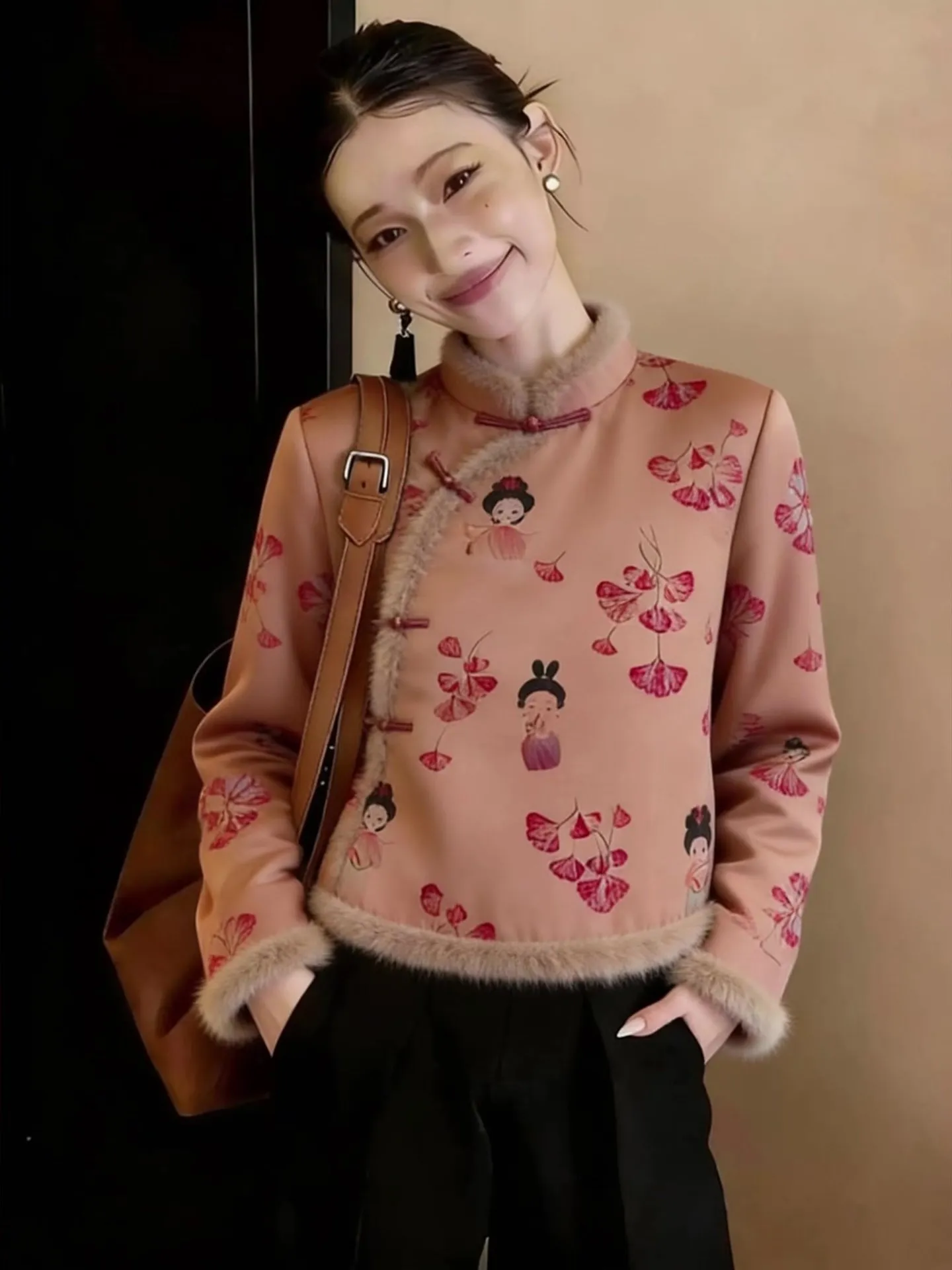 

Winter New Luxury Chinese Print Knitted Top Women Long Sve Furry Cuff Button up Ele irt Korean Sle Straight Cut