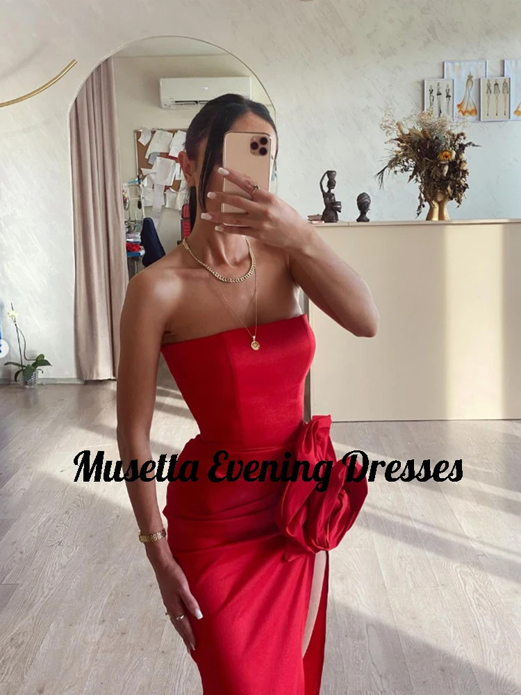 Musetta Sexy Evening Gowns Women Strapless 3D Flowers Ruched Prom Party Dress High Side Slit Formal Occasion Dresses Customized