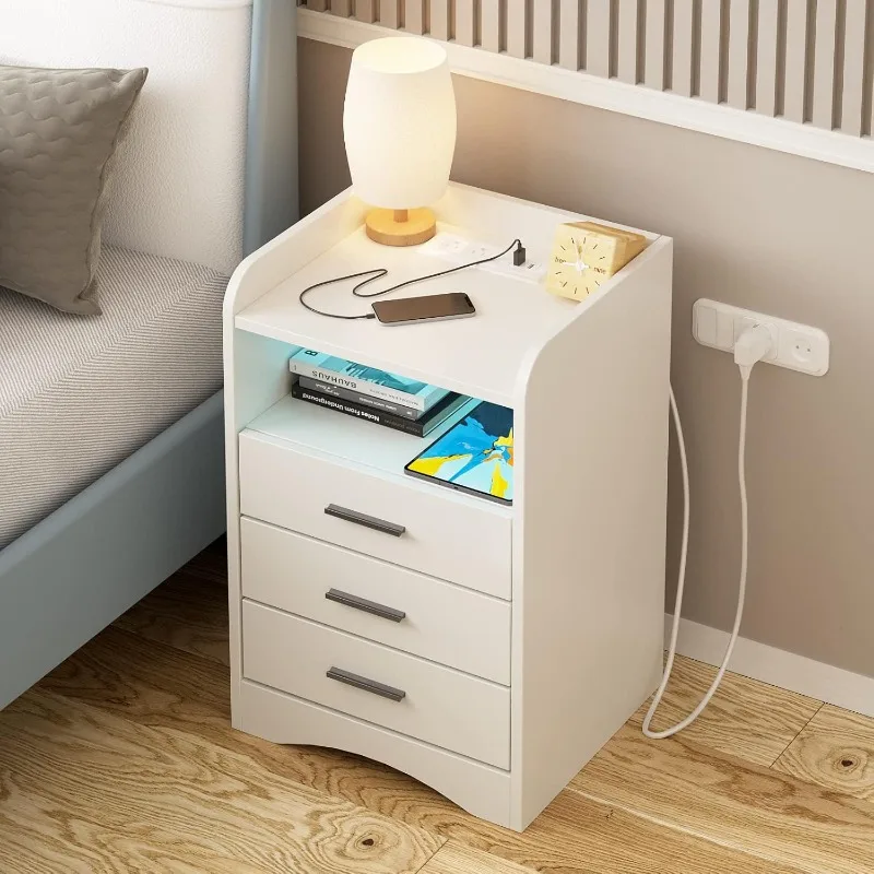 

Nightstand with Charging Station & LED Lights, White Nightstand with 3 Drawers and 2 Open Shelves, Bed Side Table Night Stand