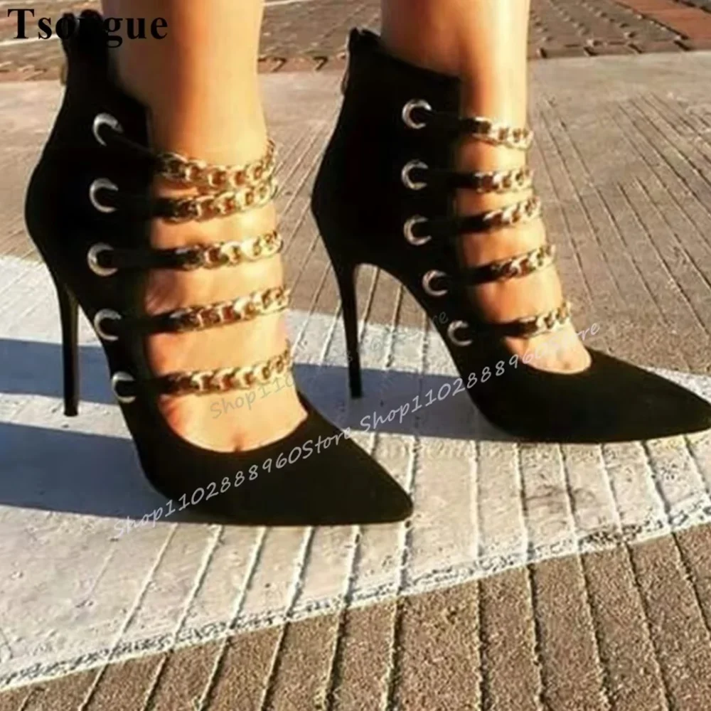

Black Flock Metal Chain Pointy Pumps Thin High Heel Shoes For Women Back Zipper Pointed Toe Casual Party Stylish Women Pumps