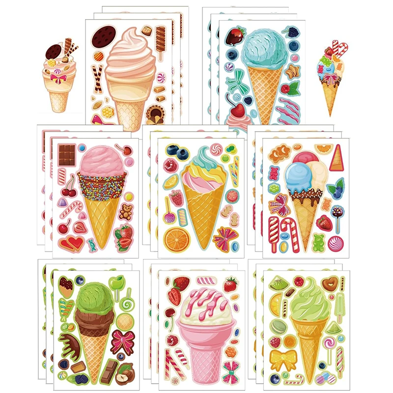 6-24sheets Make Ice Cream Stickers for Kids DIY Your Own Style Summer Ice-lolly Puzzle Sticker Children Toys Gifts Reward Decals