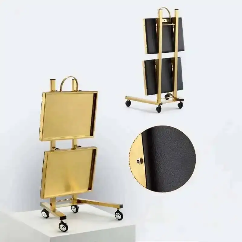 

Wheels Stainless Steel Beauty Auxiliary Cart with Salon Dyeing Trolley Cart Folding Bar Car Barber Shop Double Layer Trolleys