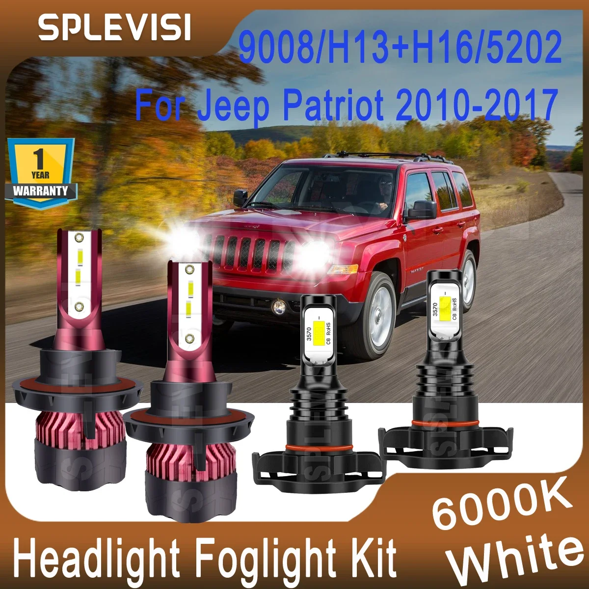 Upgrade 6000K White For Jeep Patriot 2010 2011 2012 2013 2014 2015 2016 2017 LED Headlight Hi Low Beam 9008/H13 Foglamp H16/5202