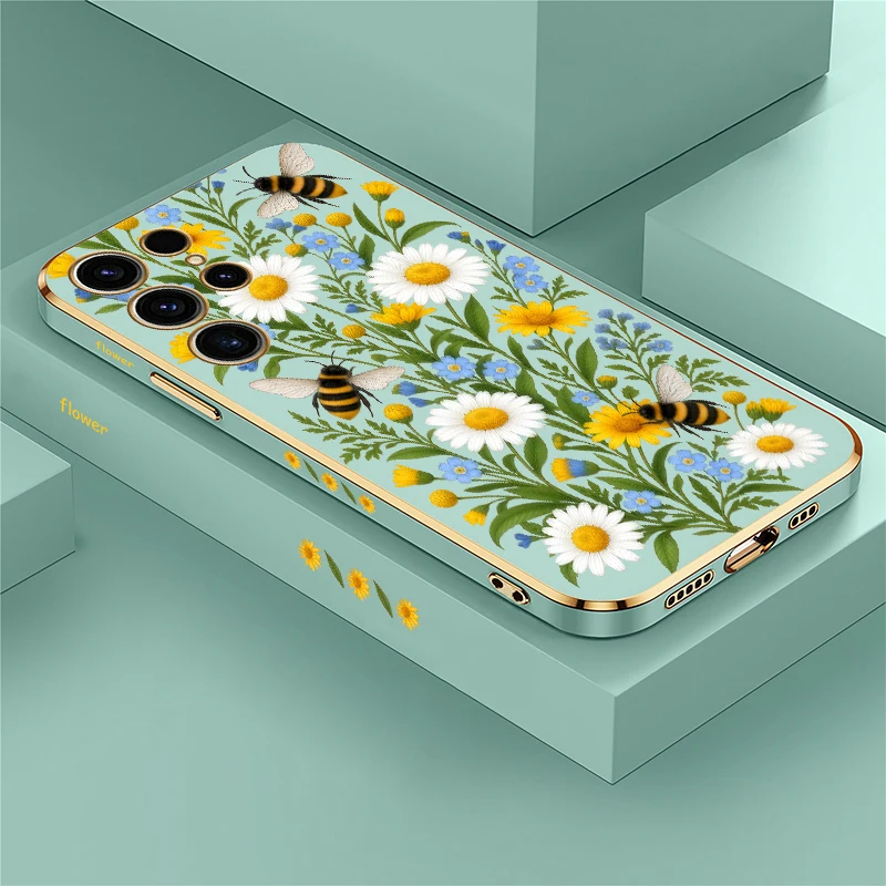 Cartoon Daisy Bee Pattern Phone Case For Samsung Galaxy S26 Ultra S25 S24 Plus FE Anti Scratch Plating Silicone Soft Covers Etui