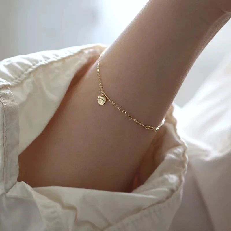 Metiseko 925 Sterling Silver Letter Heart Bracelet Paper Clip You and I Thin Chain Bracelet for Women