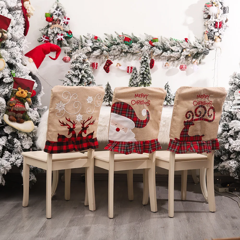 4/6pcs Christmas Chair Cover Linen Embroidered Elk Luxury Dining Chairs Covers Decorations for Home Party Banquet Festive Hotel