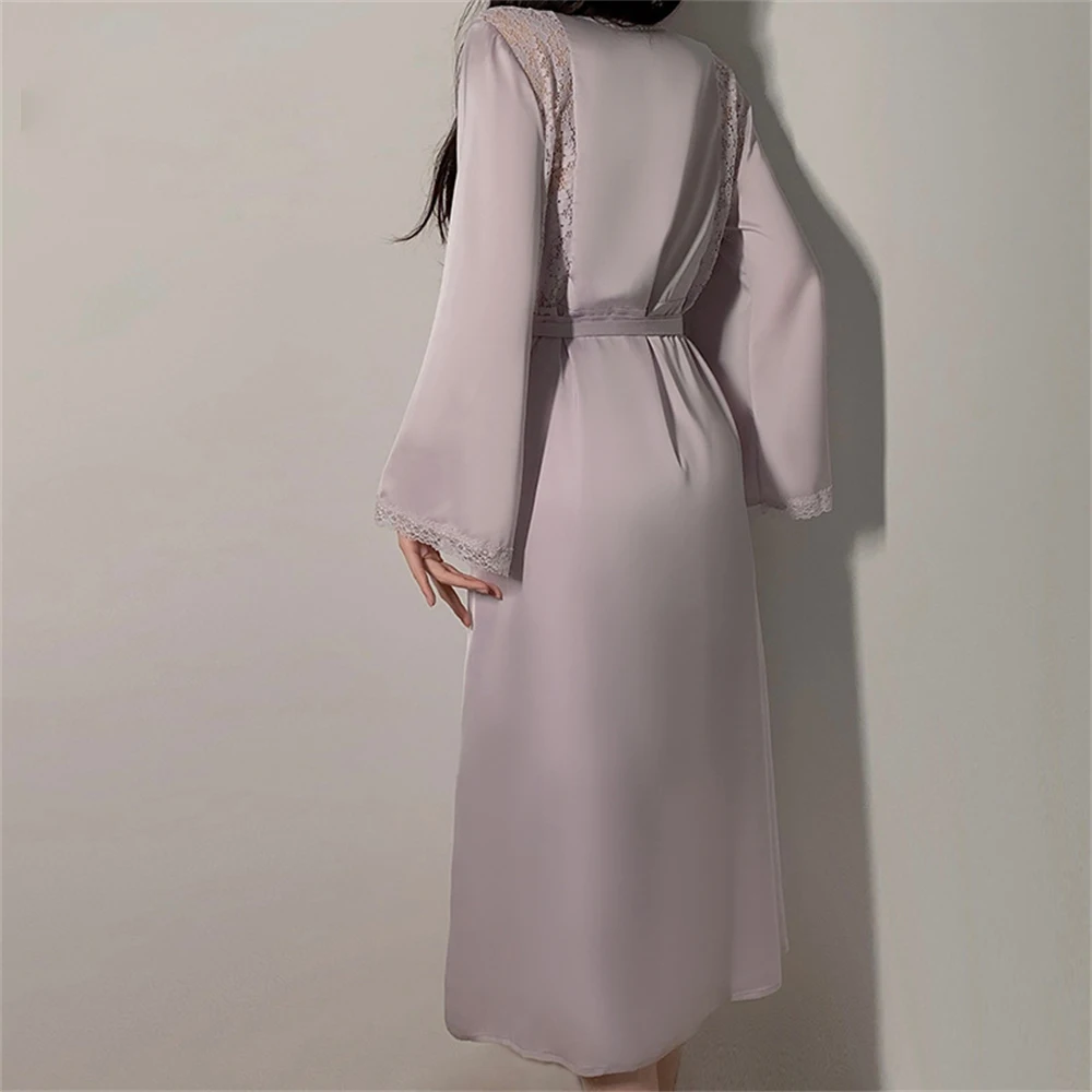 Simple Sexy V-neck Lace-up Satin Nightdress With Chest Pads Ladies Long Robe Sleepwear Homewear Elegant Long-sleeved Nightgown