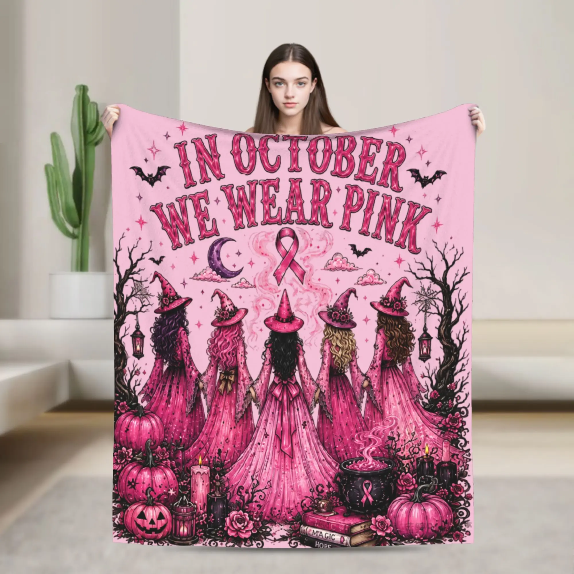Breast Cancer Awareness Pink Ribbon October Halloween Witchy Blanket Coral Fleece Plush Decoration Warm Throw Blanket for Bed