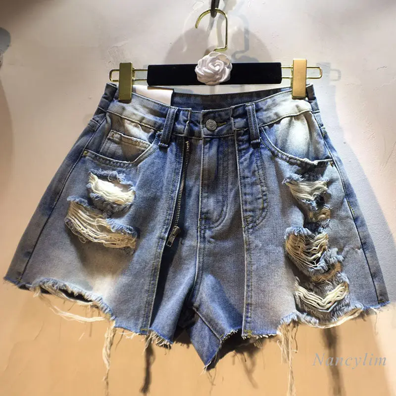 

Summer New Arrival Brushed Holes Zipper Double Layer Sense of Design Washed Denim High Waist Slimming Look Shorts Women 2026