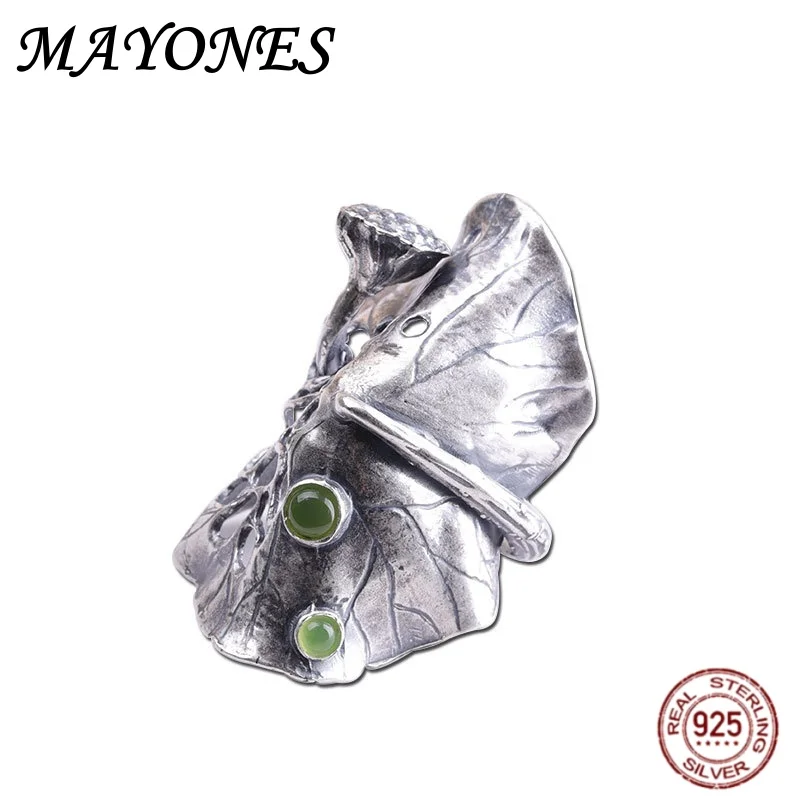 

NEW 990 Pure Silver Chiang Mai Handmade Jewelry Retro Set with Bibi Jade Lotus Leaf Exaggerated Ring for Women