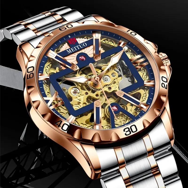 2023MenMechanical Watches Luxury Brand Rose Gold Hollow Frame Design Man Wrist Watches Stainless Steel Waterproof Wristwatch+Box