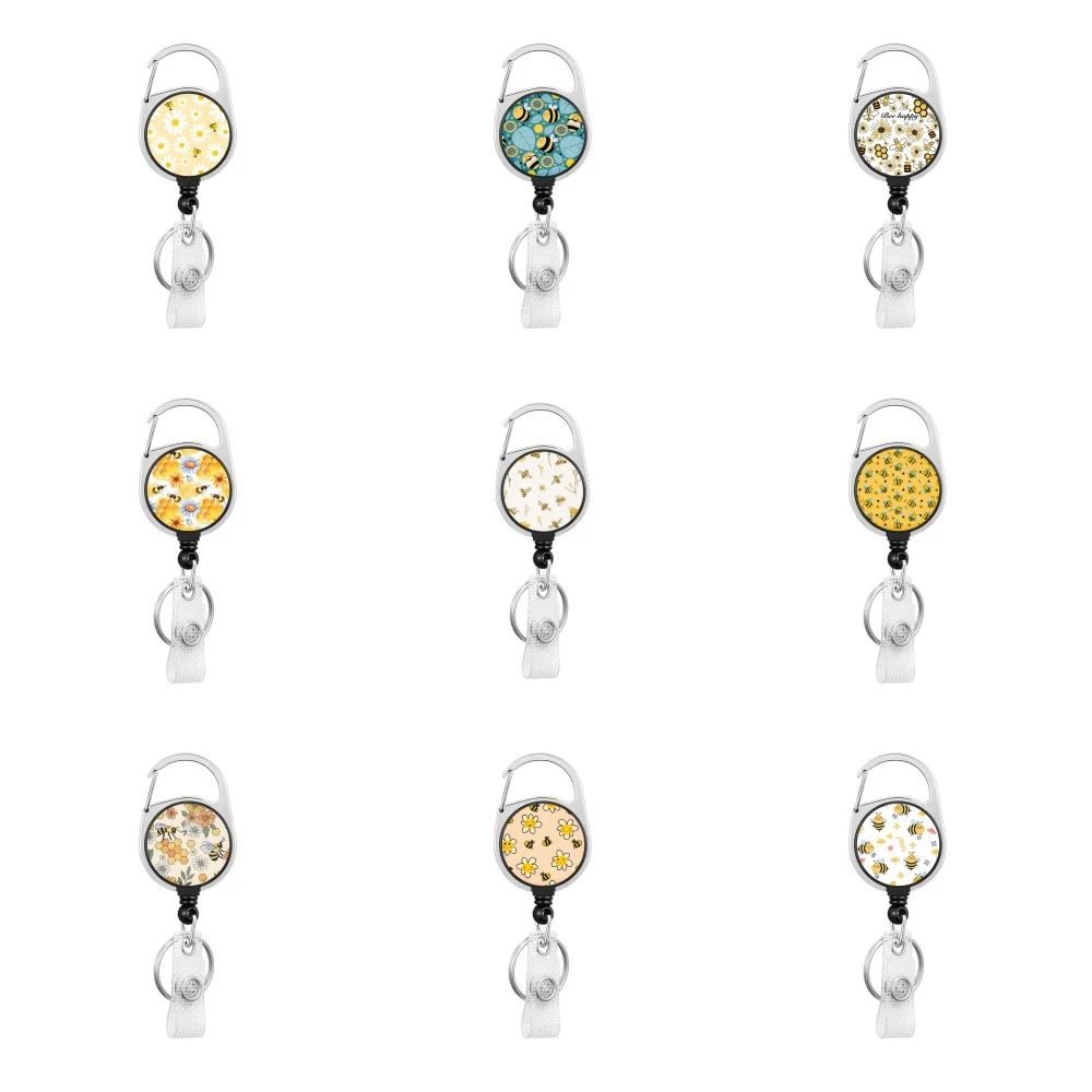 Hot selling circular Various little bees pattern Easy disassemble Zinc alloy badge automatic scroll easy pull buckle keychain