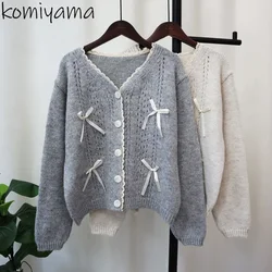 Hollow Out Bow Cardigan V-neck Long Sleeve Outerwear Loose Sweet Ropa Mujer 2024 Autumn Woman Cardigans New Gentle Sweater