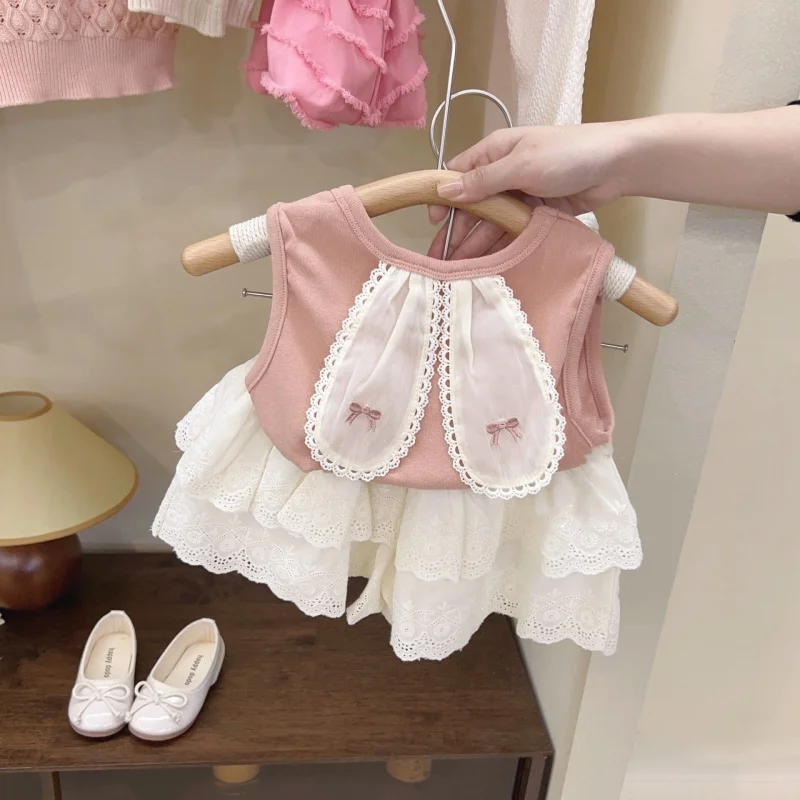 

Girls' Fried Street Suit Cute Cute Rabbit Ears Western Style Summer Baby GirlTT-shirt Vest+Cake Culottes Two-Piece Set