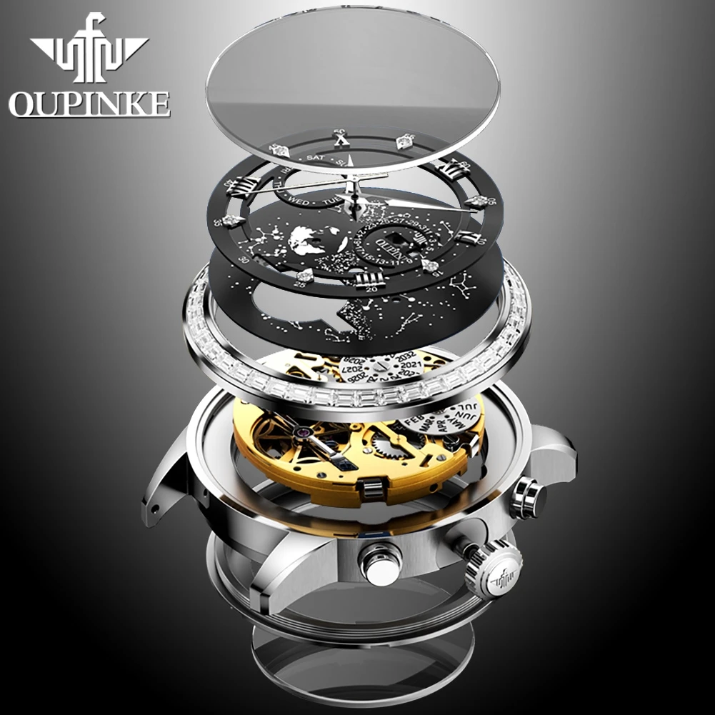 OUPINKE 3255 Nuevo reloj para hombre de alta calidad Reloj mecánico automático Sky de lujo ﻿   Caja de regalo de relojes de acero de tungsteno resistente al agua de 50M