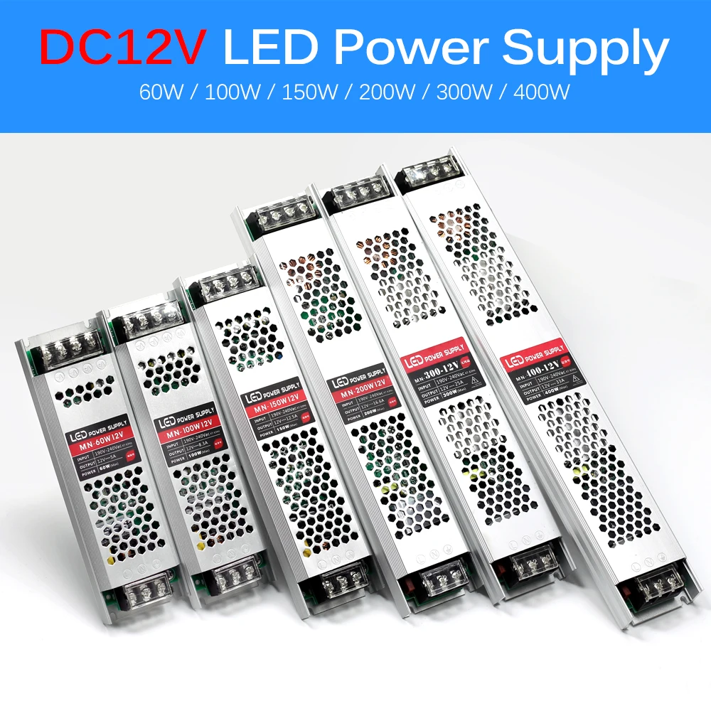 Ultra cienki zasilacz LED DC 12V 24V transformator oświetleniowy 60W 100W 150W 200W 300W 400W LED sterownik zasilacz do taśmy LED