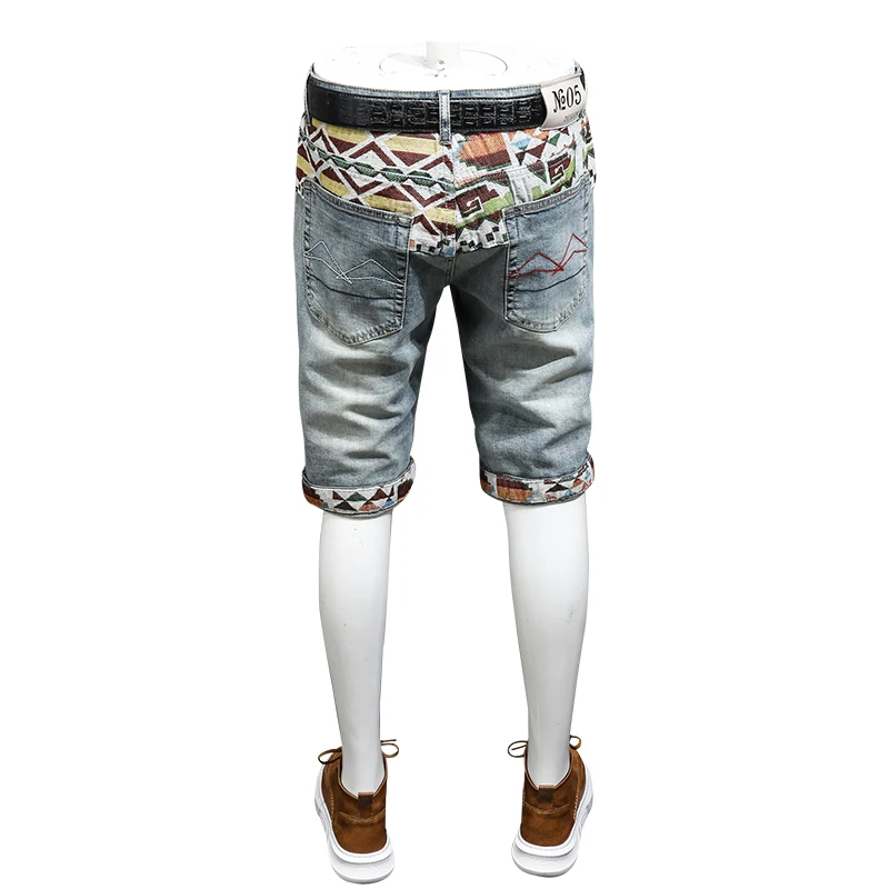 Personalized Embroidered Printed Denim Shorts Men's Summer Street Casual Retro Patch Handsome Slim-Fitting Stretch Beach Shorts