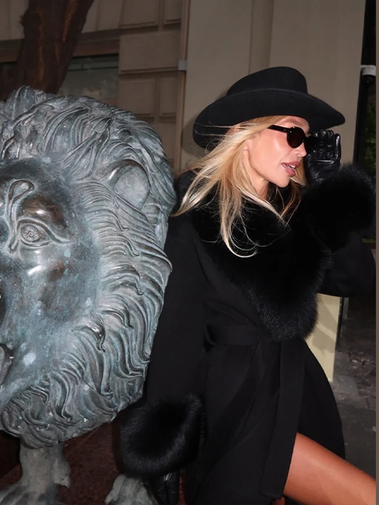 

2025 Новое элегантное шикарное длинное шерстяное пальто, осень-зима, свободная верхняя одежда с воротником из искусственного меха, женское роскошное теплое праздничное пальто с завязкой на талии