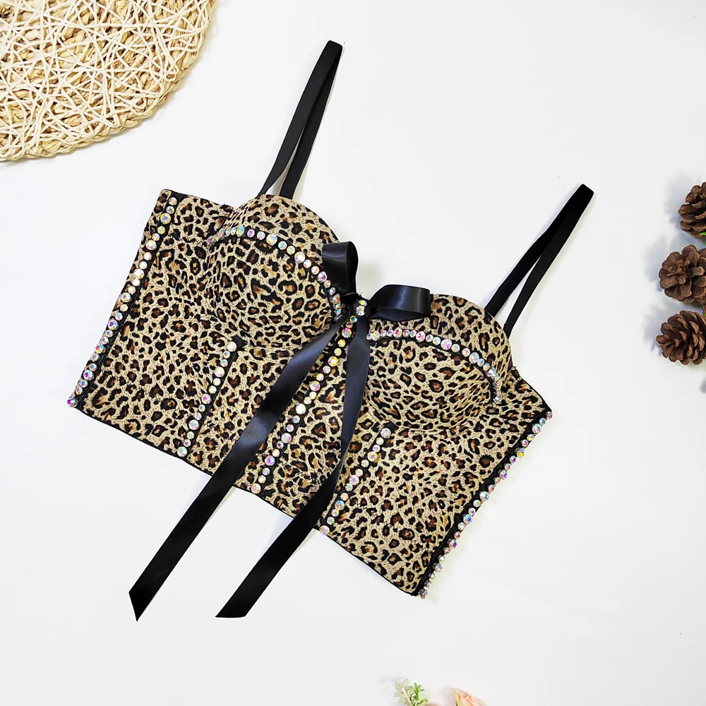 customized women's adult leopard print strapless breathable mesh slim fit fishbone camisole vest thin bow corset on top lingerie