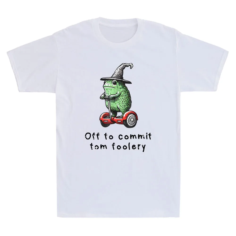 Whimsical Frog Wizard Off To Commit Tom Foolery Frog Meme Vintage Men's T-Shirt Streetwear Graphic T Shirts Joke Quote Shirts