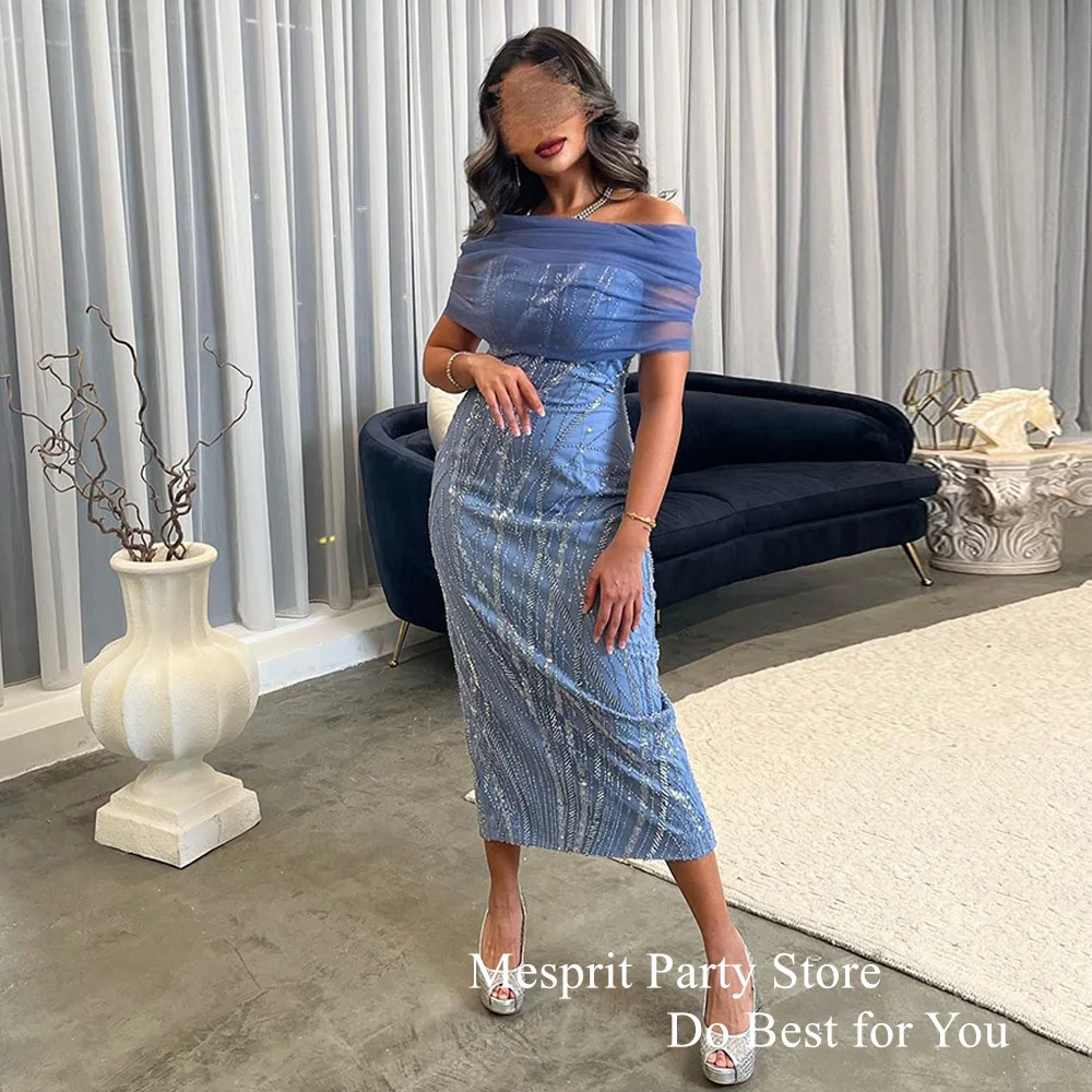 

Mesprit Evening Dress Saudi Arab Party Gown Boat Neck Off The Shoulder Glitter Lace Cocktail Prom Dresses Tea Length