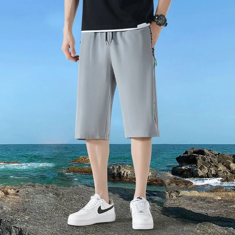 Summer Men's Letter Zipper Pockets Bandage High Waist Solid Elastic Casual Sports Loose Trousers Preppy Style Office Lady Shorts