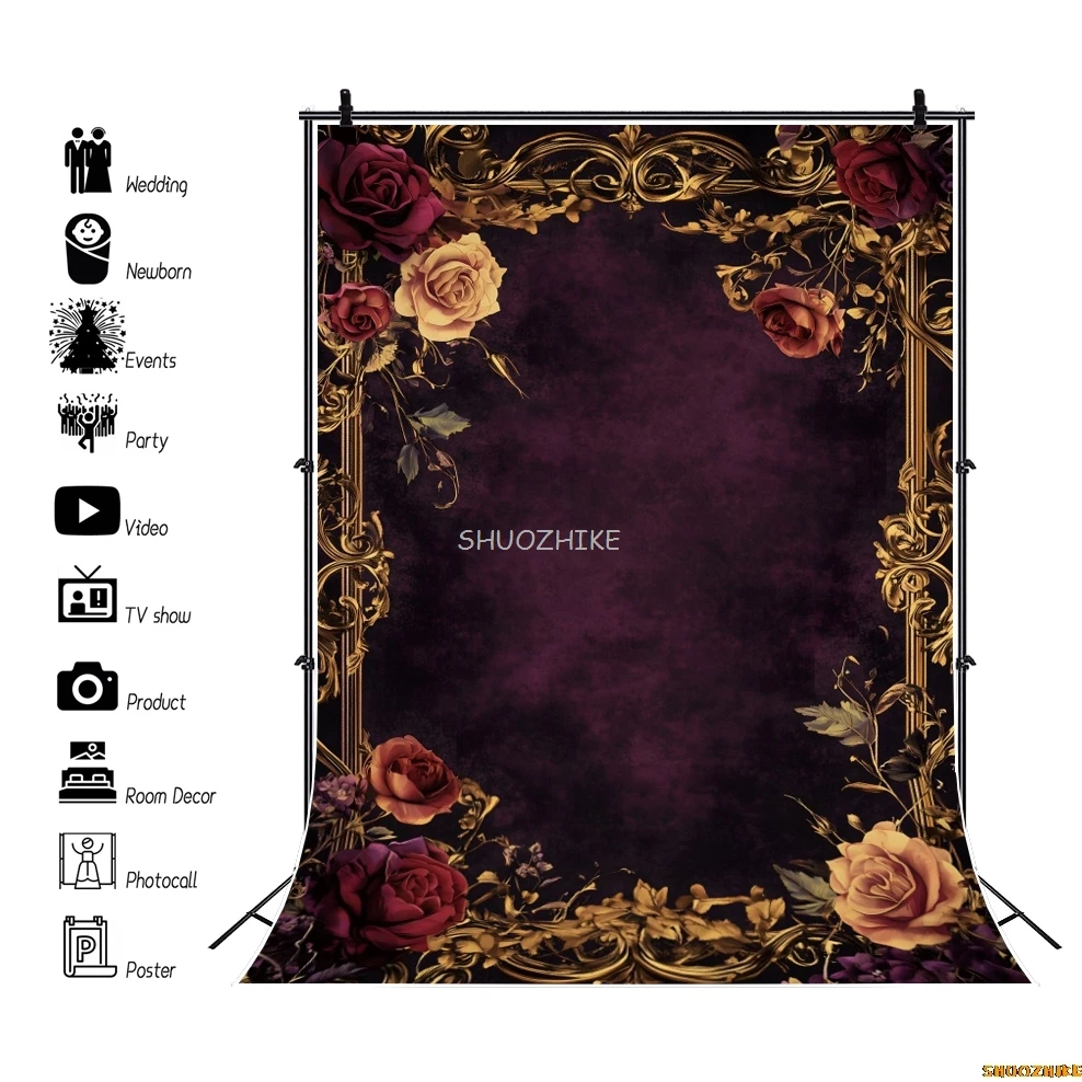 خمر الإطار الذهبي الزهور التصوير خلفية الظلام الأحمر الأزهار جدار الزفاف الكبار الاطفال صورة خلفية الصورة الحوامل