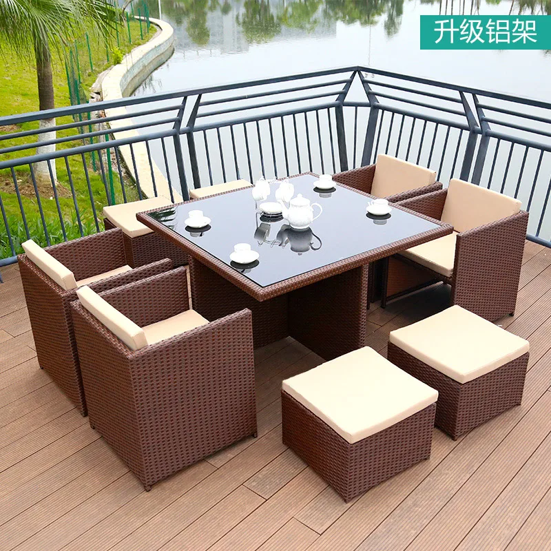 & Outdoor Rattan Table and Chair Set, for Courtyard, Villa & Terrace, Sun-proof and Waterproof Rattan Furniture Combination