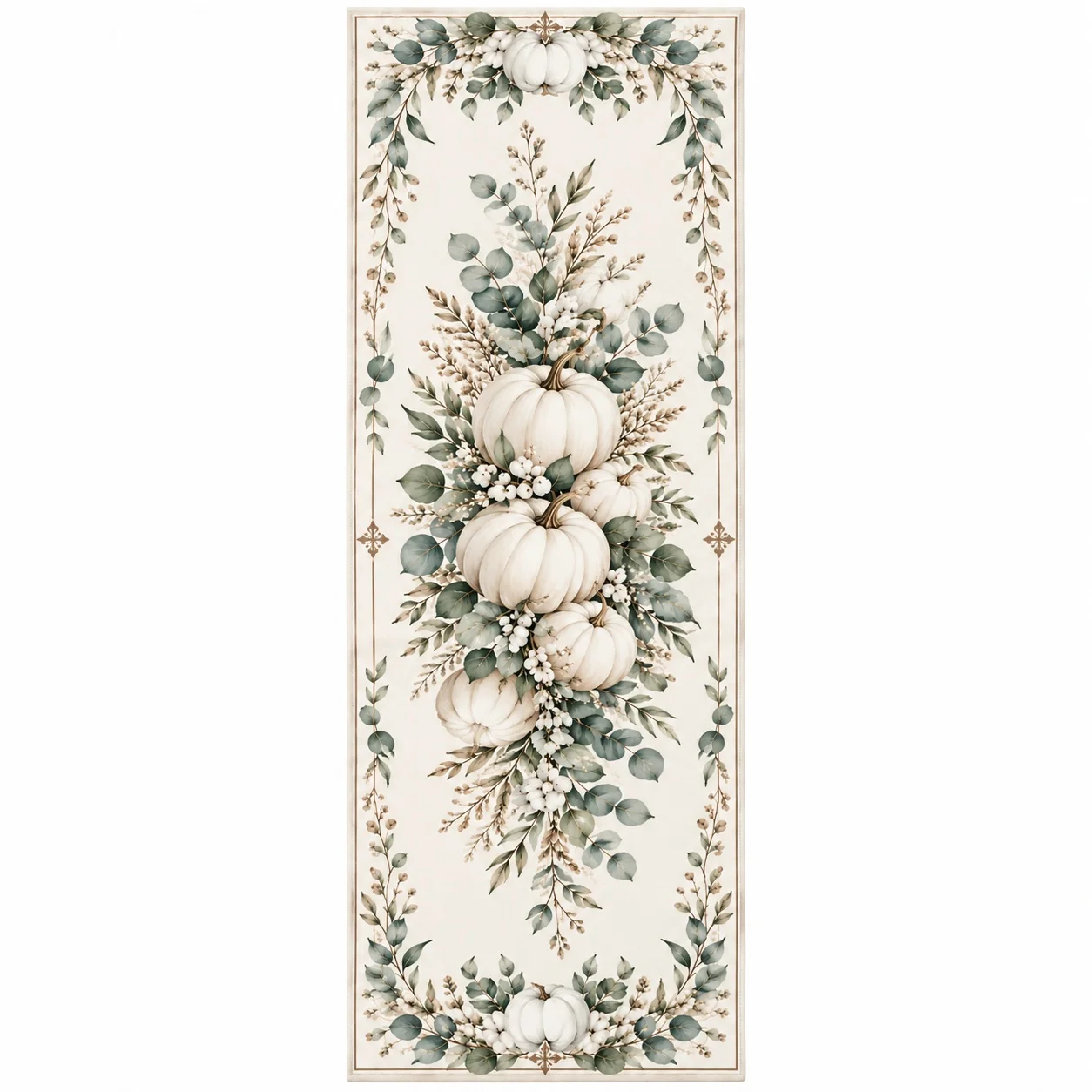 Fall White Pumpkin Table Runner Sage Green Eucalyptus Leaves Floral Autumn Harvest Thanksgiving Farmhouse Dining Table Decor