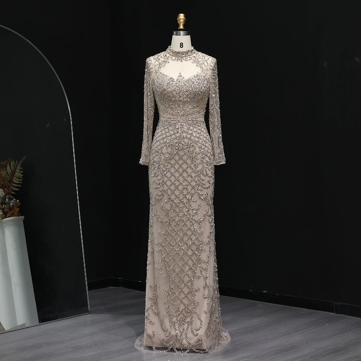 Sharon Said Heavy Beaded Luxury Dubai Champagne Evening Dress Long Sleeves Arabic Women Wedding Party Gowns SS097 Customized