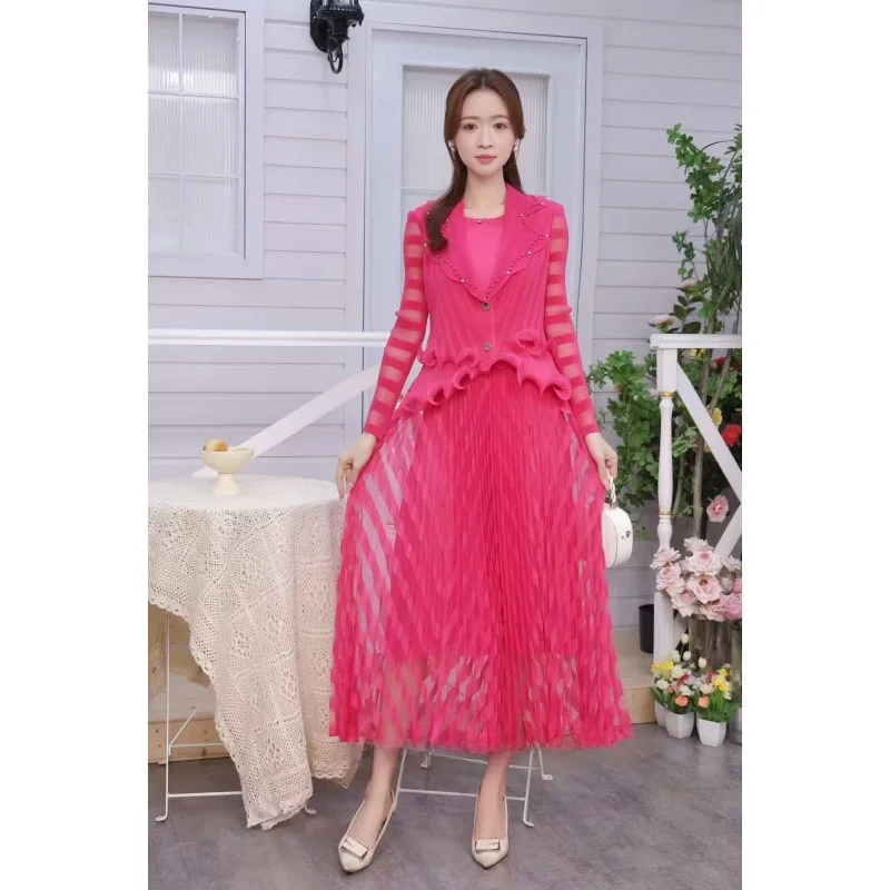 

Ele Long Sve Me Gown with Waist Cinching Suit Collar Design High Waist A-Line Skirt for Women European Sle Polyest...