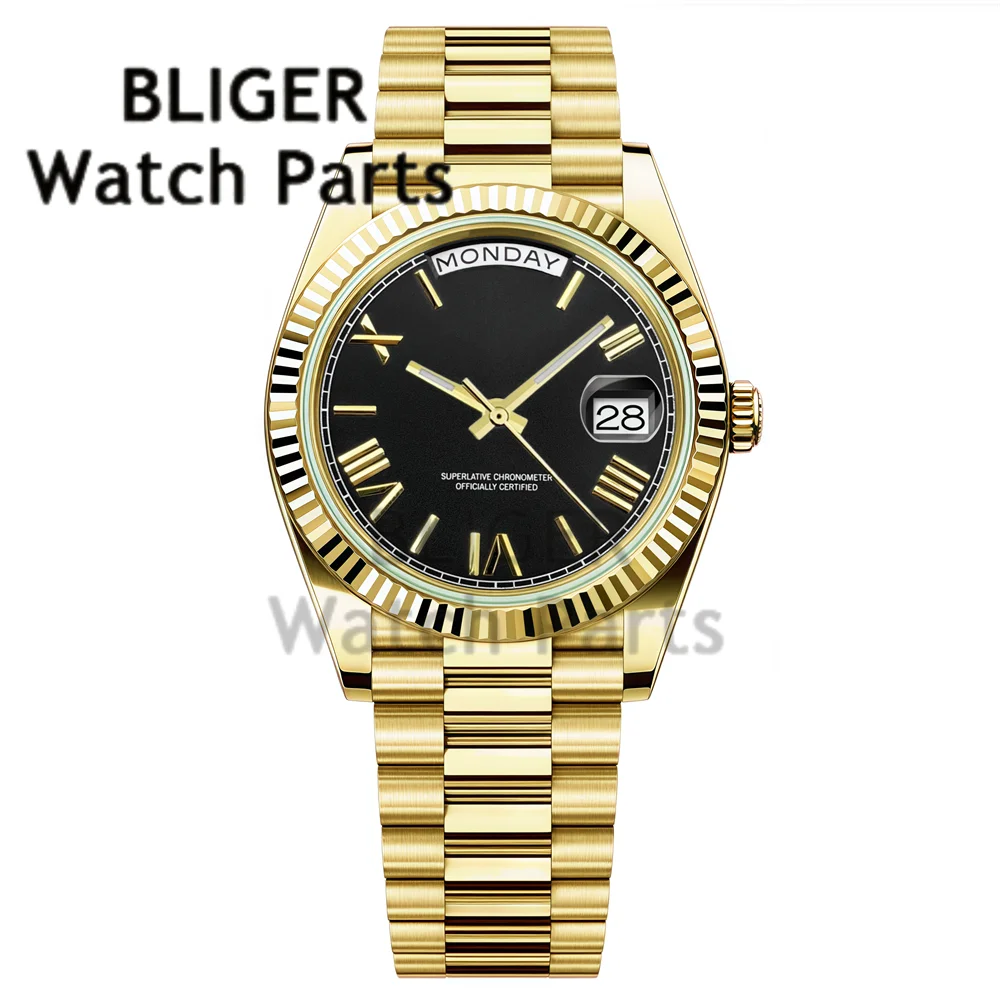 BLIGER Miyota 8285 Механические мужские наручные часы с датой недели 36 мм/39 мм, президентский ремешок, стальные дайверские роскошные золотые часы для мужчин BLIGER Miyota 8285 Механические мужские наручные часы с датой недели 36 мм/39 мм, президентский ремешок, стальные дайверские роскошные золотые часы для мужчин