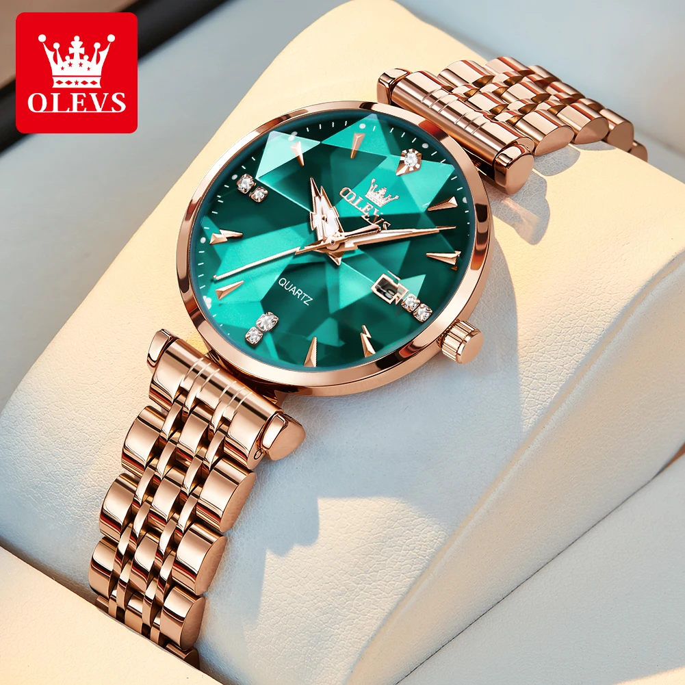 OLEVS 5536 Elegant Ladies Watch Fashion Prism Mirror Waterproof Calendar Original Quartz Watch Luminous Rose Stainless Steel