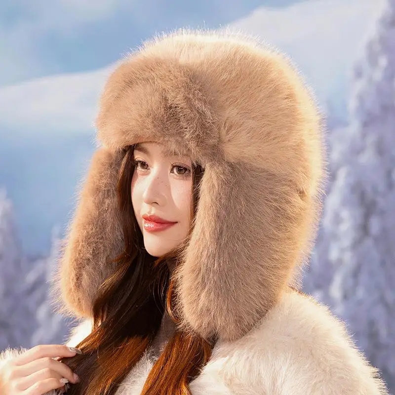 Winter Faux Fox Fur Bomber Hats Women's Russian Ushanka Hat Thick Warm Snow Skiing Cap Windproof Earflap Cycling Cold Hat