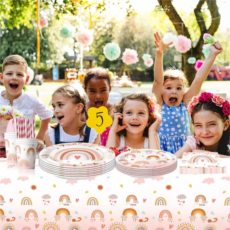 New Bohemian Rainbow Theme Birthday Party Banner Tableware Paper Plates Paper Cups Paper Towels Venue Layout Set