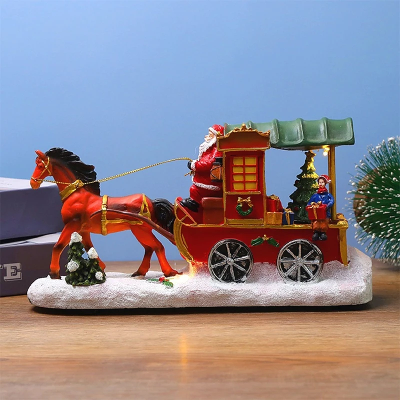 Modern Interior Ornaments Resin Christmas Scene Horse-drawn Carriage Figurines Lighted Music Snow House Party