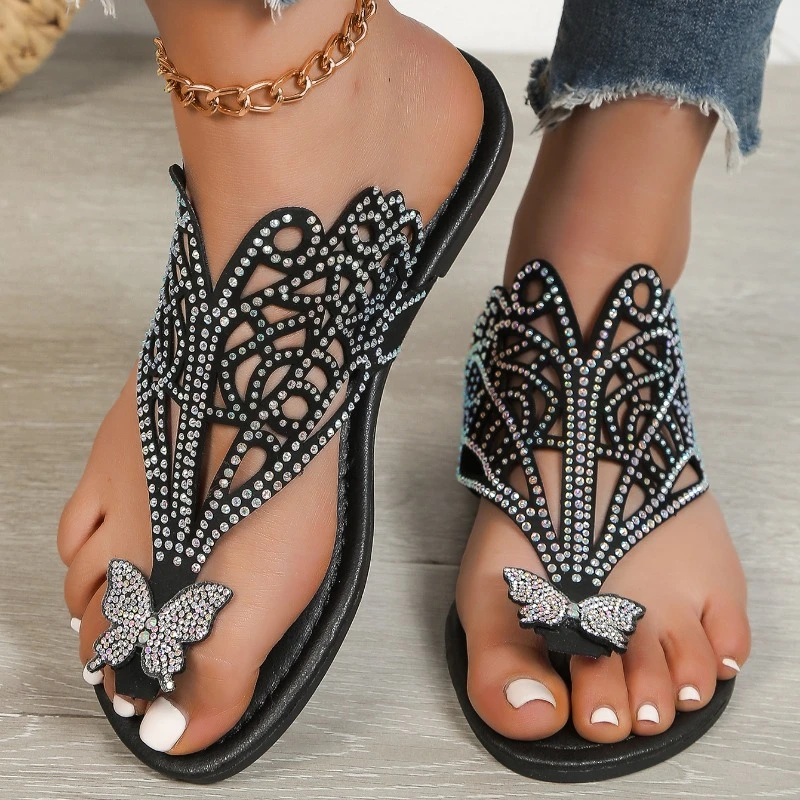 Summer New 2024 Women's Fashion Clip-toe Luxurious Rhinestone Women's Shoes Simple Solid Color PU Waterproof Women's Slippers