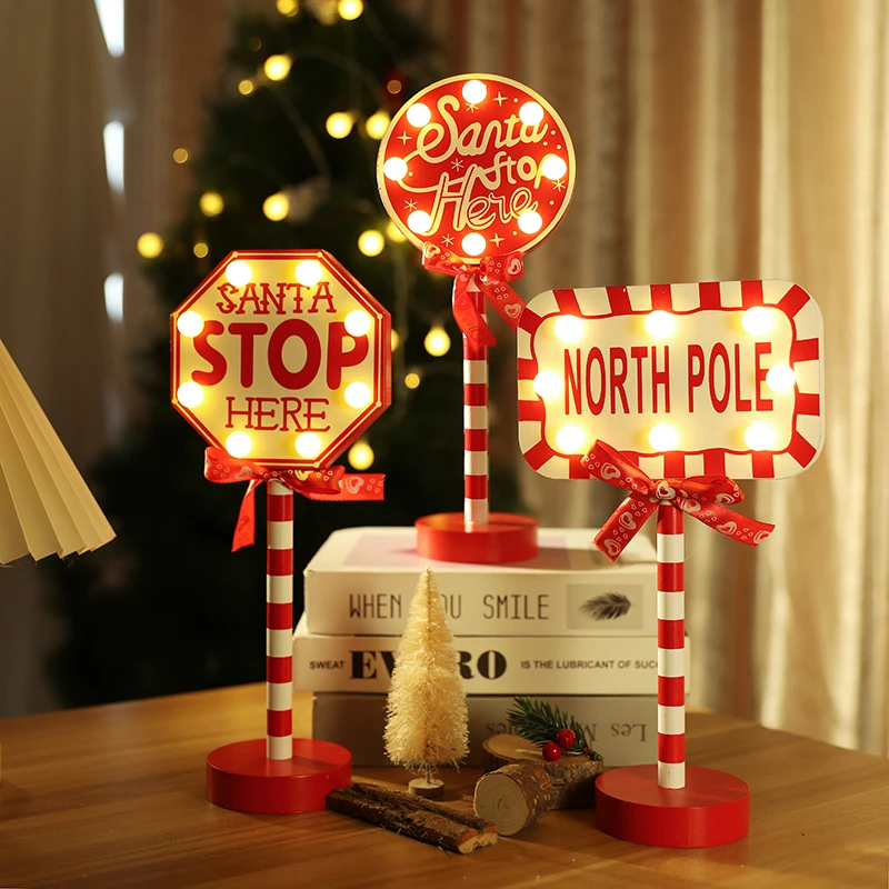 

Christmas Street Sign Light Santa Stop Here North Pole Retro Lamp LED Light Wooden Desktop Ornaments Xmas New Year Party Decor