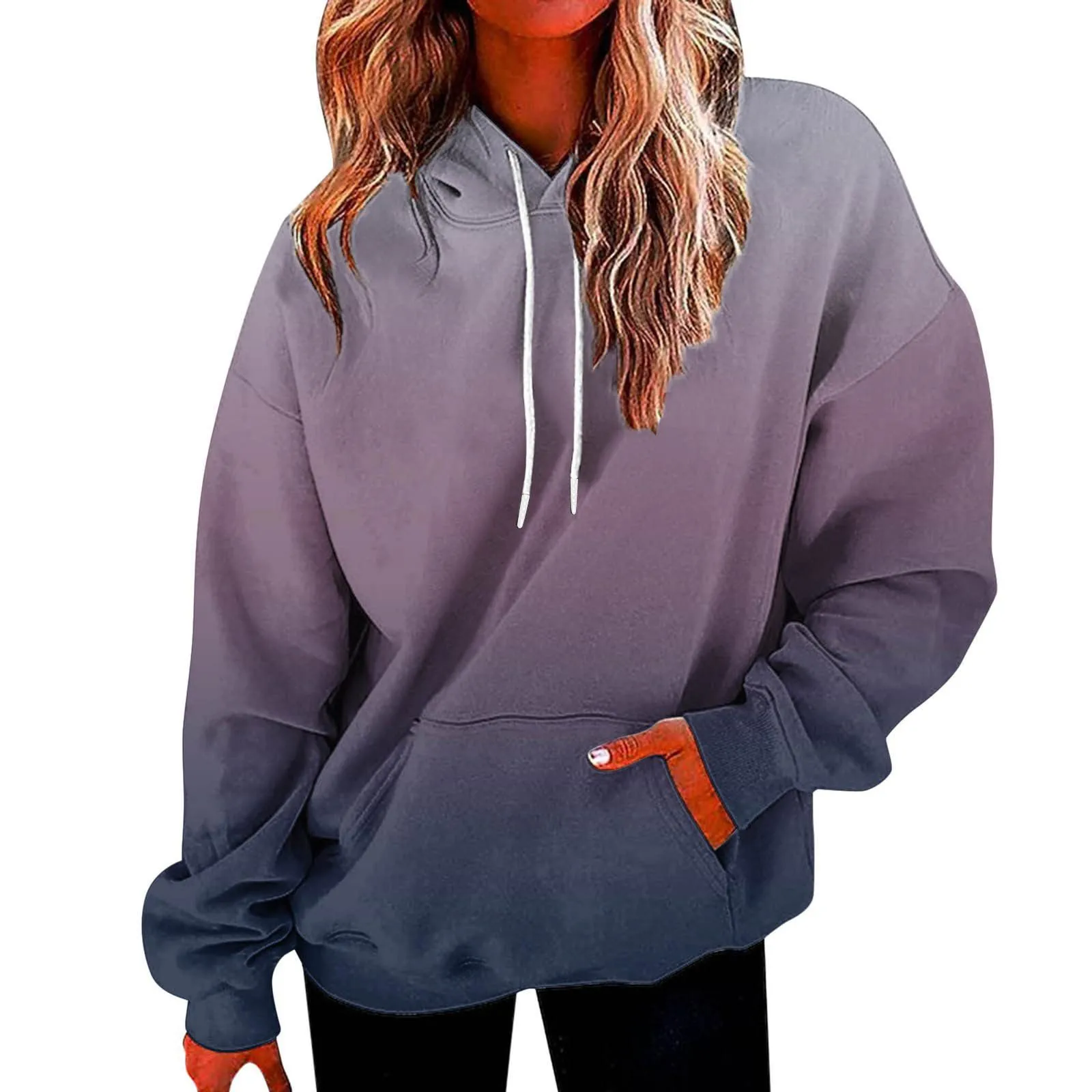 Fashion Streetwear Loose Casual And Versatile Daily Long Sleeve Gradient Hooded Top With Pocket For Female