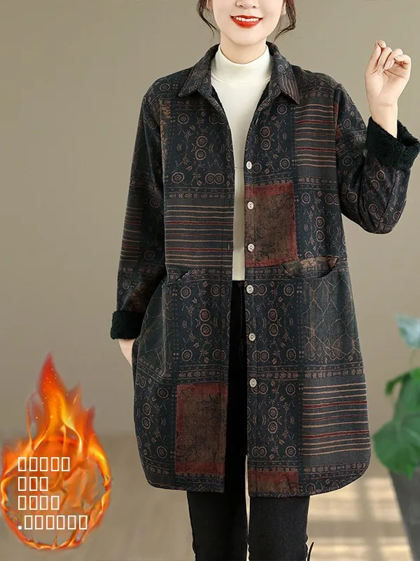 

Faionable Korean Sle Women's Winter Coat Thiened Fce Lined Medium Length Loose Fit Outerwear with Flower Pattern