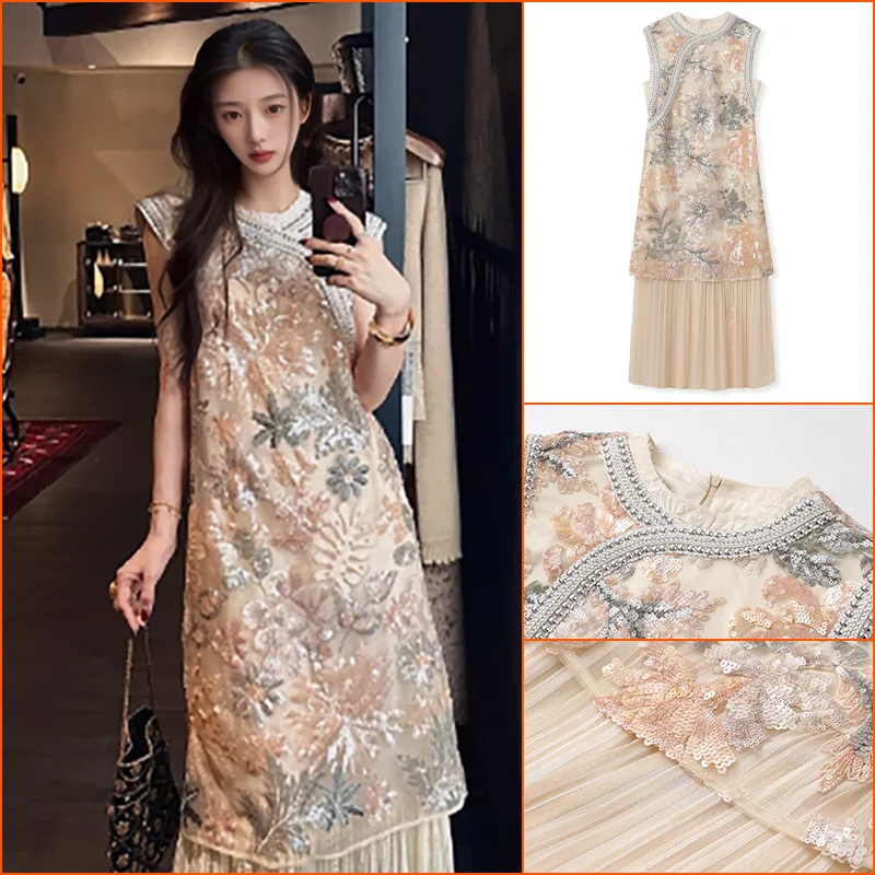 

New Chinese Style Dress Luxury Chesongam Women Elegant Sleeveless Improved Qipao Dresses Pleated Hem Hanfu Vestidos Robe