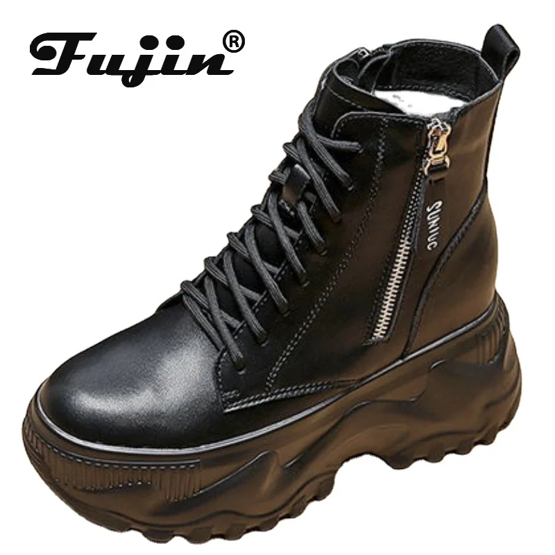 

Fujin 8cm Genuine Leather Platform Wedge Ankle Mid Calf Boots Ladies Booties Zipper Lace Up Spring Autumn Women Fashion Shoes