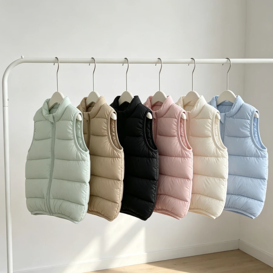 Kids Ultra Light Padded Vest Full Zip Crew Neck Sleeveless Jacket Boys Girls Winter Warm Inner Layer School Outdoor Daily Wear