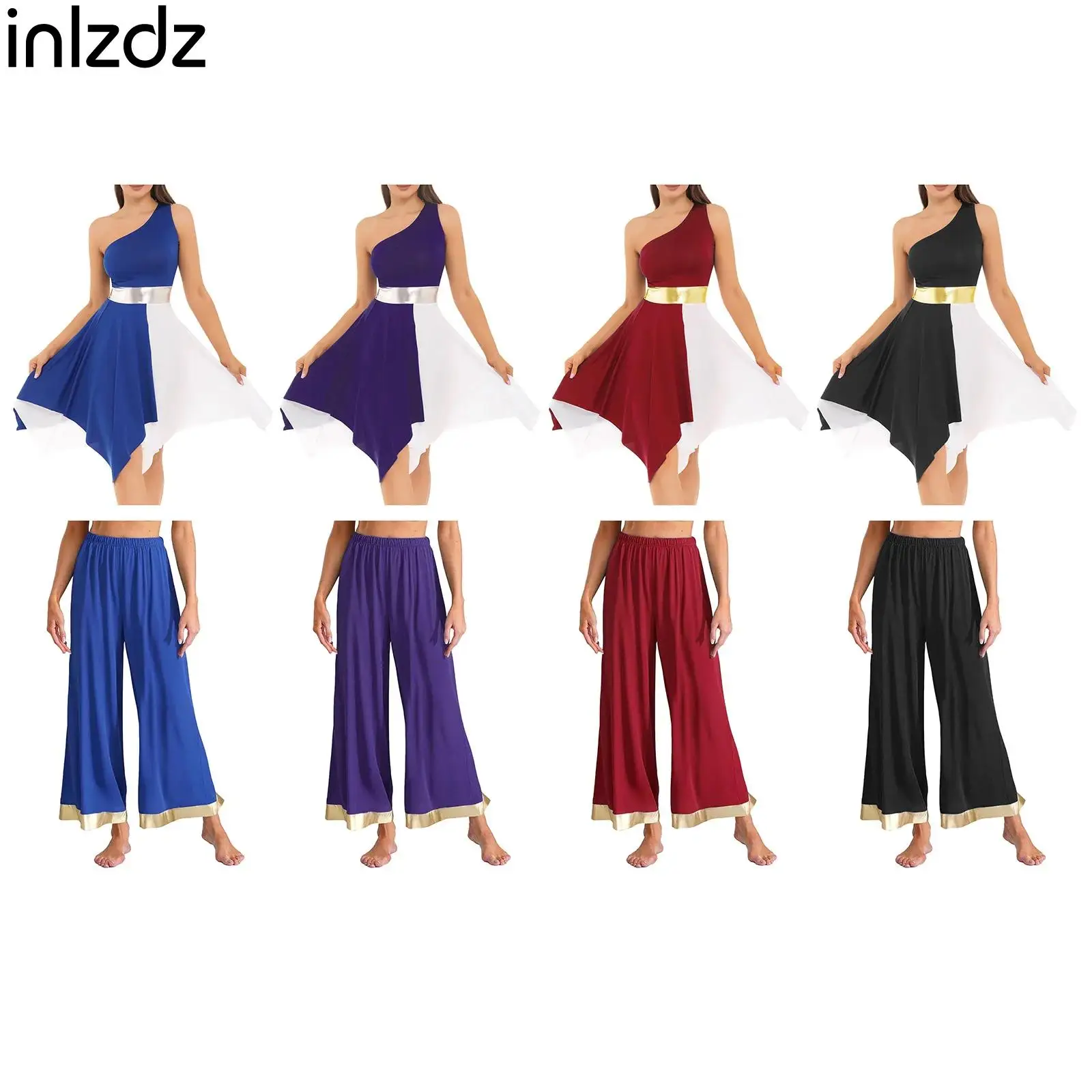 

Womens Worship Praise Lyrical Dance Set One Sleeveless Shoulder Dress+Pants 2-piece Dancewear Outfits for Festival Stage Party